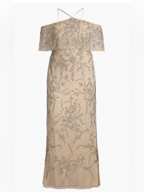 Aidan Mattox Champagne One-Shoulder Beaded Evening Gown